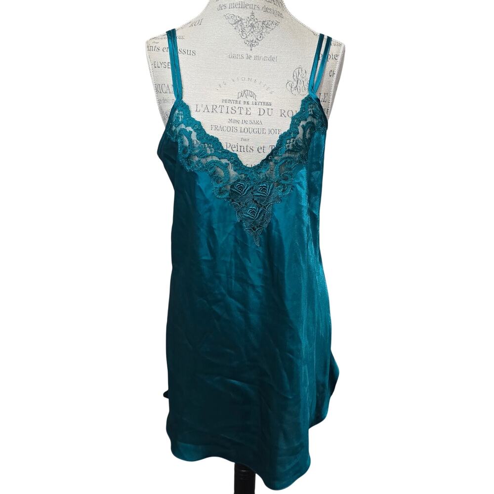 Vintage Inner Most Green Lingerie Nightgown Embroidered Floral Dress Slip